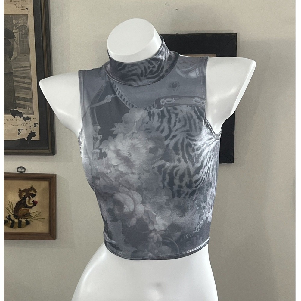 Cheryl Creations Grey Floral Mock Neck Crop Top Size S